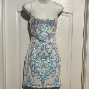 White Mini Dress with Blue Iridescent Sequin Detail Size M